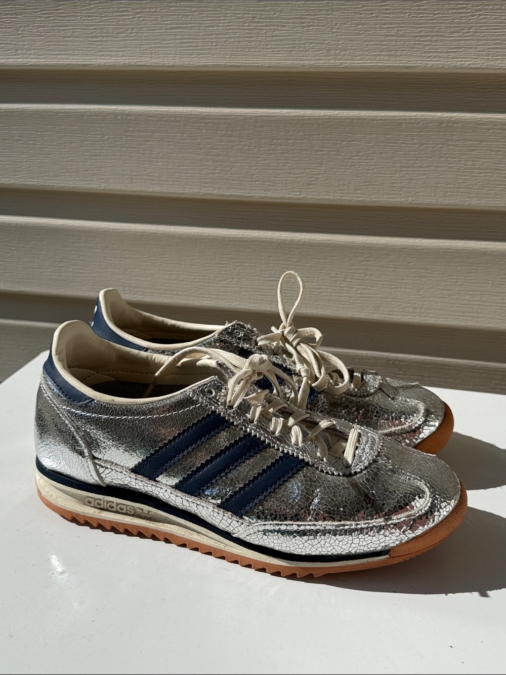 Adidas SL72 Women’s Silver Metallic Sneakers with Navy Stripes 🔥